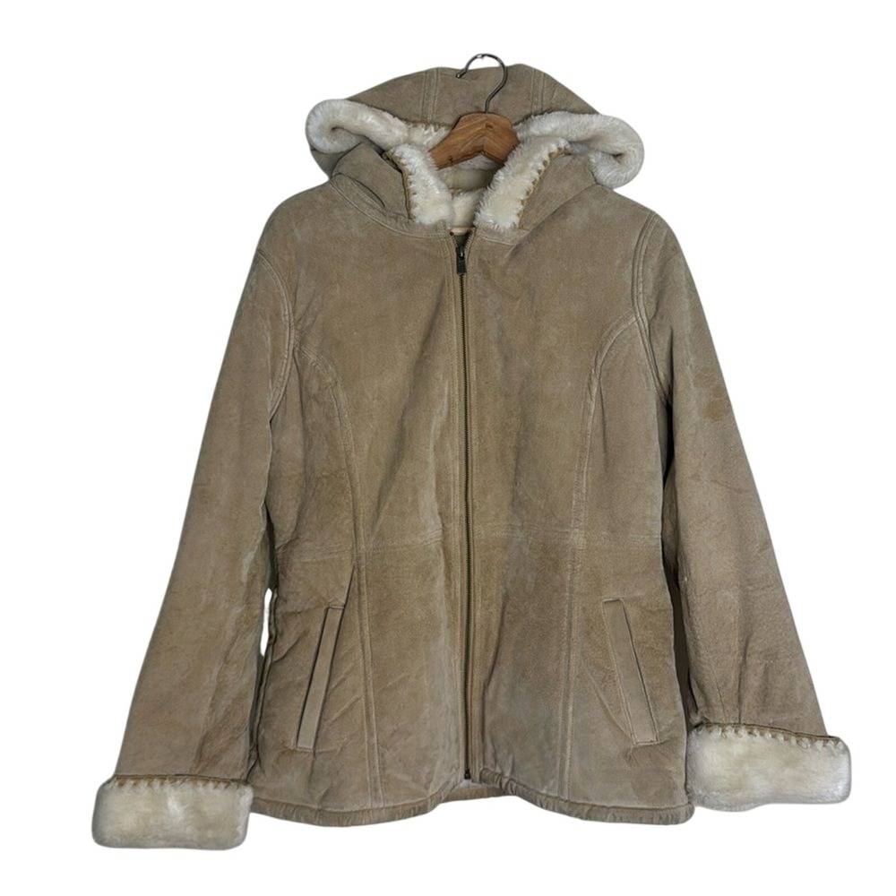 Sonoma‎ Hooded Genuine Suede Leather Coat with Faux Fur Interior size M Y2K cute